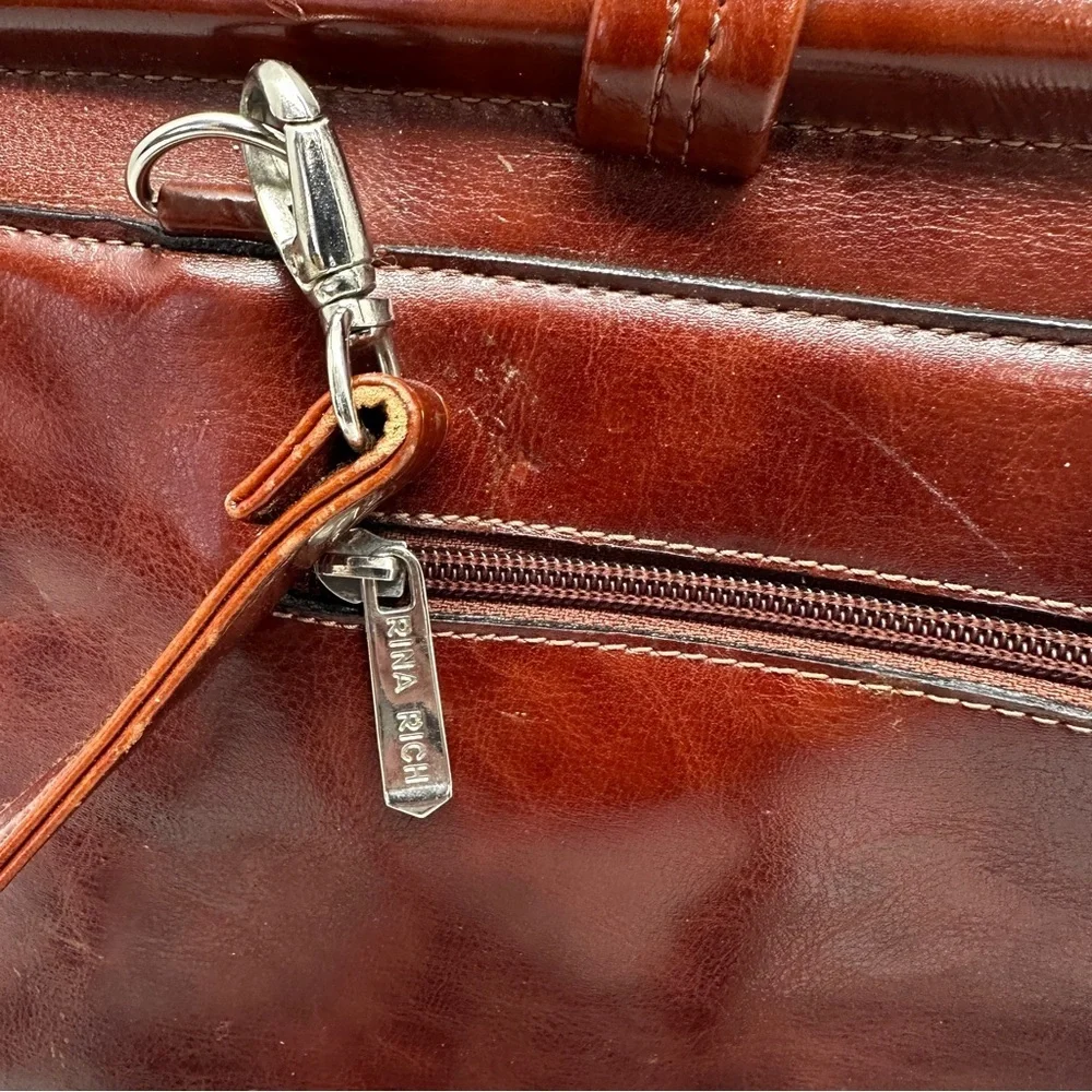 Vtg RinaRich Brown Leather Structured Satchel Handbag Top Handle Crossbody Purse